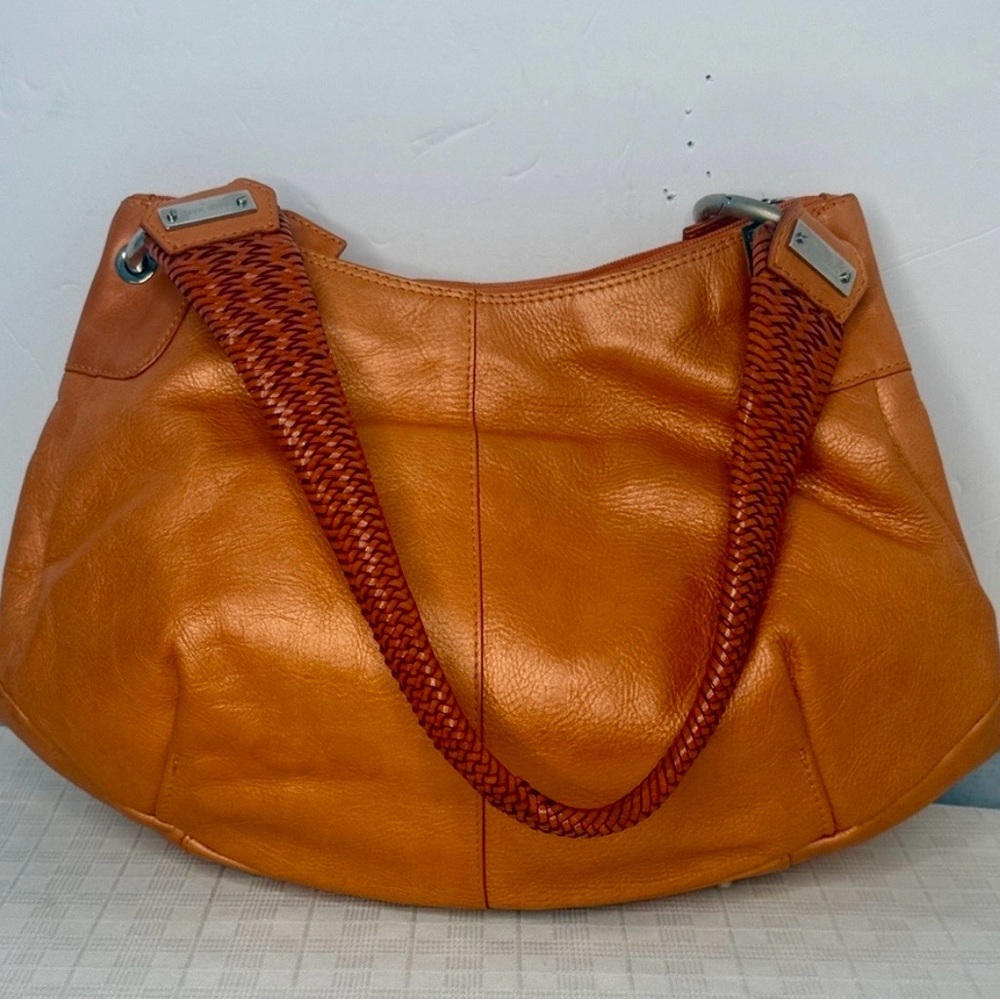 Paolo Masi Shoulder Bag Italian Leather Woven Handle Made Italy Orange